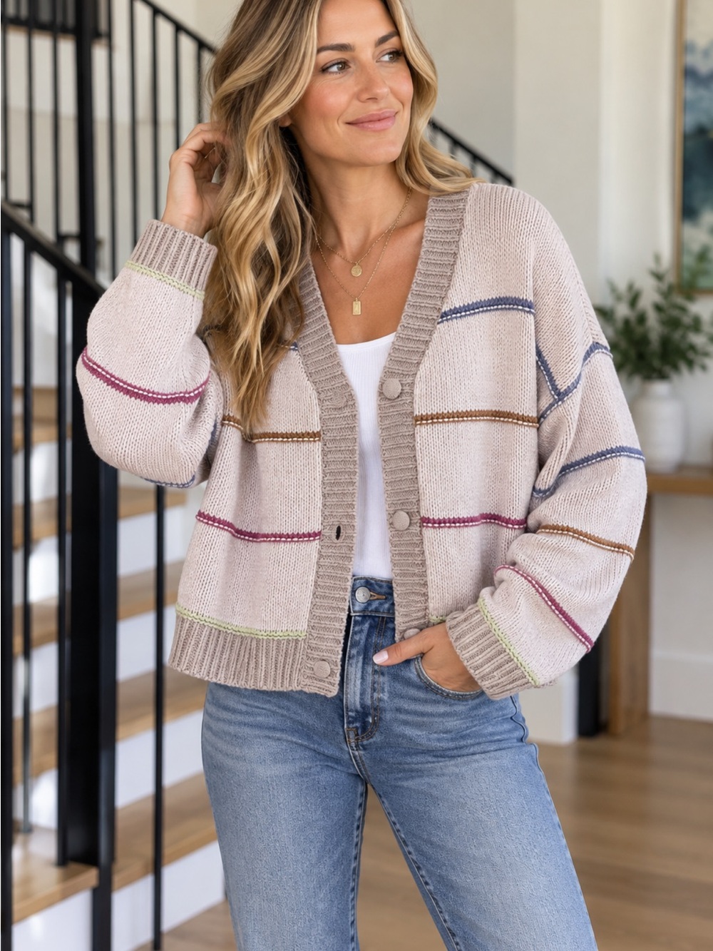 New In Oversized Beige Striped Open-Front Women's Cardigan Sweater - Picture 2 of 11